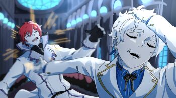 2boys absurdres closed_eyes commentary earrings english_commentary gloves hand_in_own_hair highres jacket jewelry jujutsu_kaisen male_focus mayngomay multiple_boys open_mouth re:zero_kara_hajimeru_isekai_seikatsu regulus_corneas reinhard_van_astrea scene_reference short_hair white_gloves white_hair white_jacket