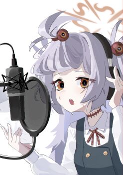 1girl absurdres bangs_pinned_back blue_archive bow bowtie buttons choker collared_shirt commentary_request dress forehead grey_hair hair_bobbles hair_ornament halo headphones highres holding holding_headphones holding_paper kanoe_(blue_archive) long_hair long_sleeves looking_at_viewer microphone mr.lazy orange_eyes orange_halo paper pinafore_dress pop_filter red_bow red_bowtie red_choker school_uniform script shirt sidelocks simple_background sleeveless sleeveless_dress solo striped_bow striped_bowtie striped_clothes studio_microphone sweat talking two_side_up upper_body voice_actor white_background white_shirt
