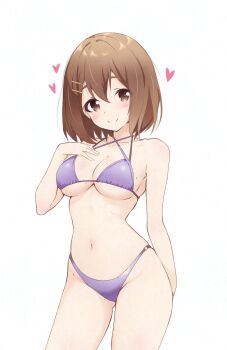 1girl bare_shoulders bikini blush breasts cleavage collarbone commentary_request highres hirasawa_yui hitorilily k-on! large_breasts looking_at_viewer midriff navel stomach string_bikini swimsuit thighs underboob