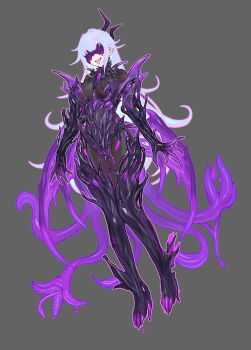 1girl absurdres blindfold bodysuit breasts claws commentary_request commission corruption demon_girl demon_horns demon_tail demon_wings elbow_gloves full_body gloves glowing grey_background grey_hair highres horns implied_sex latex latex_bodysuit long_hair low_wings medium_breasts original second-party_source see-through_bodysuit see-through_clothes shen_hai_ichigo shiny_clothes solo tail tentacle_clothes tentacles thighhighs tongue tongue_out variant_set very_long_hair wings