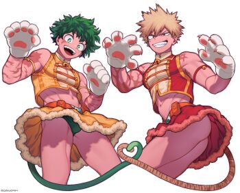 2boys abs absurdres animal_hands ass bakugou_katsuki blonde_hair boku_no_hero_academia bulge cosplay covered_pectorals crossdressing crossdressing_(mtf) dekudash from_below fur-trimmed_skirt fur_trim gloves green_eyes green_panties grey_hair grin heart heart_tail highres looking_at_viewer male_focus mandalay_(boku_no_hero_academia) mandalay_(boku_no_hero_academia)_(cosplay) midoriya_izuku multiple_boys multiple_scars navel open_mouth panties paw_gloves pectorals protected_link ragdoll_(boku_no_hero_academia) ragdoll_(boku_no_hero_academia)_(cosplay) red_eyes scar scar_on_arm scar_on_face short_hair skirt smile spiked_hair tail teeth thighs twitter_username underwear