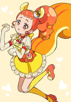 Rule 34 | 1girl, animal ears, arisugawa himari, cherry, choker, commentary, cure custard, elbow gloves, extra ears, food, food-themed hair ornament, fruit, gloves, hair ornament, heart, highres, kirakira precure a la mode, looking at viewer, magical girl, orange hair, ponytail, precure, pudding hair ornament, red choker, red eyes, shoes, simple background, solo, squirrel ears, squirrel tail, tail, thighhighs, yellow background, yellow thighhighs, yi (user gvuk7438)