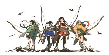4girls aircraft airplane akagi_(kancolle) arrow_(projectile) black_hair blue_hakama bow_(weapon) breasts closed_mouth gloves green_hakama green_kimono hair_between_eyes hair_ribbon hakama hakama_skirt hand_on_own_hip haruta_(hrtco) headband highres hiryuu_(kancolle) hiryuu_kai_ni_(kancolle) holding holding_arrow holding_bow_(weapon) holding_weapon japanese_clothes kaga_(kancolle) kantai_collection kimono multiple_girls muneate orange_kimono partially_fingerless_gloves partly_fingerless_gloves ponytail quiver red_hakama ribbon rigging short_twintails side_ponytail simple_background single_glove skirt souryuu_(kancolle) souryuu_kai_ni_(kancolle) standing thighhighs torn_clothes torn_headband twintails water weapon white_background white_kimono white_thighhighs wide_sleeves yugake