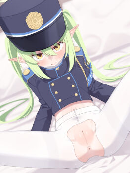 1girl absurdres anus armband blue_archive blue_armband blue_hat blue_jacket blush buttons censored closed_mouth commentary_request double-breasted green_hair hair_between_eyes hat highres jacket loli long_hair long_sleeves looking_at_viewer midriff mosaic_censoring navel no_pants nozomi_(blue_archive) pantyhose partial_commentary peaked_cap pointy_ears pussy revision solo spread_legs take_mawile thighband_pantyhose torn_clothes torn_pantyhose twintails very_long_hair white_pantyhose yellow_eyes