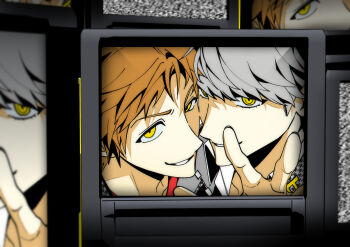 2boys absurdres close-up crt grey_hair hanamura_yousuke highres looking_at_viewer male_focus multiple_boys narukami_yu orange_hair outstretched_hand parted_lips persona persona_4 portrait recurring_image sa1meunegg shadow_yousuke shadow_yu short_hair side-by-side smile static teeth television yellow_eyes