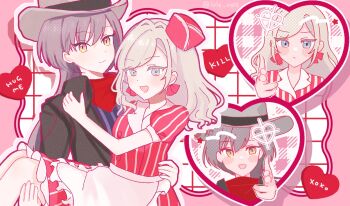 Rule 34 | 2girls, alternate costume, apron, black jacket, blue eyes, border, bourei (lvle aqhs), bow, carrying, ceras yanagida lilienfeld, chili con carne (love live!), commentary request, cowboy hat, crosshair, dress, finger gun, frilled apron, frills, grey hair, grey hat, grid background, hair bow, hat, heart, highres, jacket, jellyfish cut, katsuragi izumi, link! like! love live!, long hair, love live!, lyrics, multiple girls, multiple views, orange eyes, pink border, pinstripe dress, pinstripe pattern, pointing, pointing at viewer, princess carry, puffy short sleeves, puffy sleeves, red bow, red dress, red hat, short sleeves, slit pupils, tilted headwear, translation request, twitter username, waist apron, waitress, white apron