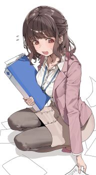 Rule 34 | :3, binder, black pantyhose, blunt bangs, breasts, brown eyes, brown hair, character request, collared shirt, commentary request, copyright request, dress, highres, holding binder, jacket, kneeling, layered clothes, medium breasts, medium hair, nervous, office lady, open mouth, pantyhose, pink shoes, scattered paper, shirt, shoes, sidelocks, suit jacket, sweat, white background, white shirt, yamada no orochi