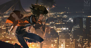 1boy 1other absurdres black_shirt blue_pants brown_hair card cityscape cocaduel commentary demon_wings duel_academy_uniform_(yu-gi-oh!_gx) duel_monster green_eyes heterochromia highres holding holding_card male_focus orange_eyes pants red_hair shirt symbol-only_commentary trading_card wings yu-gi-oh! yu-gi-oh!_gx yubel yuki_judai