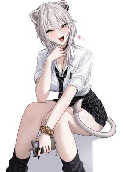 1girl :d absurdres ahoge animal_ear_piercing animal_ears black_choker black_leg_warmers black_necktie breasts cellphone choker cleavage collared_shirt commentary_request double-parted_bangs fangs grey_eyes grey_hair hair_between_eyes hand_up highres holding holding_phone hololive jewelry large_breasts leg_warmers lion_ears lion_girl lion_tail long_hair looking_at_viewer loose_necktie miniskirt necktie open_mouth phone plaid_clothes plaid_necktie plaid_skirt pleated_skirt ring scrunchie shirt shirt_tucked_in shishiro_botan short_sleeves sidelocks simple_background sitting skirt smartphone smile solo tail tie_clip virtual_youtuber wanne white_background white_shirt wrist_scrunchie