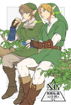 2boys blonde_hair blue_eyes boots border brown_boots earrings fingerless_gloves full_body gloves green_hat green_tunic grey_background grey_pants hat holding_ocarina jewelry link male_focus multiple_boys nintendo pants parted_bangs parted_lips phrygian_cap pointy_ears shirt short_hair sitting sitting_on_branch swept_bangs tadatwee the_legend_of_zelda the_legend_of_zelda:_ocarina_of_time the_legend_of_zelda:_twilight_princess tunic twitter_username white_border white_pants white_shirt