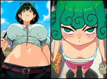 2girls alternate_costume artist_name bag baguette belt black_hair blue_sky blush bread breast_envy breasts brown_belt camisole casual chibi cloud crop_top curly_hair day downblouse earrings eyewear_on_head flat_chest flying_sweatdrops food frills from_above from_below fubuki_(one-punch_man) green_eyes green_hair groceries grocery_bag highres holding holding_bag hoop_earrings jewelry large_breasts looking_at_viewer looking_up midriff multiple_girls navel no_bra one-punch_man open_mouth outdoors pants paper_bag parent_and_child patreon_username petite pink_shorts plastic_bag puffy_short_sleeves puffy_sleeves shirt shoes shopping shopping_bag short_hair short_shorts short_sleeves shorts siblings sisters size_difference sky small_breasts snegovski stomach sunglasses sweatdrop tank_top tatsumaki v-shaped_eyebrows white_shirt