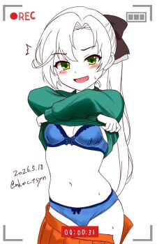 1girl akigumo_(comiket)_(kancolle) akigumo_(kancolle) blue_bra blue_panties bra breasts commentary_request dated green_eyes green_sweater hair_ribbon highres kantai_collection lineart long_hair official_alternate_costume open_mouth orange_skirt panties pleated_skirt ponytail recording ribbon skirt small_breasts solo spot_color sweater tasogare_yanio twitter_username underwear undressing viewfinder
