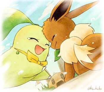 blue_sky border bow bowtie canvas_texture chikorita closed_eyes closed_mouth cloud crying day dutch_angle eevee face-to-face facing_another fading_border forehead-to-forehead gen_1_pokemon gen_2_pokemon green_bow green_bowtie happy happy_tears heads_together highres house ku_hako nintendo no_humans open_mouth outdoors pokemon pokemon_(creature) pokemon_focus pokemon_mystery_dungeon relief sky tears twitter_username yellow_bow yellow_bowtie