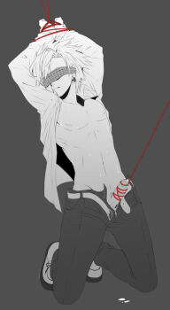 1boy 1girl arms_up blindfold bound bound_penis bound_wrists cum dramatical_murder jacket open_clothes open_fly open_jacket penis unbuckled virus_(dramatical_murder)