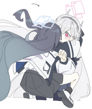 2girls @_@ absurdres ankle_socks aris_(blue_archive) arrow_(symbol) black_pantyhose black_skirt black_socks blue_archive blue_halo blush commentary_request cropped_legs double-parted_bangs face-to-face floating_hair glomp grey_hairband hairband halo highres hug jacket jumping kei_(blue_archive) kei_(new_body)_(blue_archive) long_hair long_sleeves looking_at_another mimizuku_(mmiganaru) miniskirt multiple_girls open_mouth pantyhose pink_eyes pink_halo pleated_skirt pocket pouncing puffy_long_sleeves puffy_sleeves rectangular_halo school_uniform shirt shirt_tucked_in shoe_soles shoes simple_background skirt socks surprise_hug surprised twitching v-shaped_eyebrows very_long_hair white_background white_hair white_jacket white_shirt white_shoes