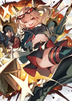 Rule 34 | 1girl, absurdres, bibisuka, black boots, black jacket, black skirt, black tube top, blonde hair, blush, boots, breasts, burnice white, commentary request, explosion, explosion background, eyewear on head, flamethrower, highres, holding, holding flamethrower, holding weapon, jacket, large breasts, midriff, one eye closed, open mouth, propane tank, red-tinted eyewear, skirt, solo, spiked belt, spiked jacket, strapless, thigh boots, thighs, tinted eyewear, tube top, weapon, zenless zone zero