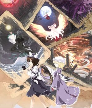 6+girls adapted_costume alternate_costume artist_request back_bow belt black_belt black_hair black_skirt blonde_hair book boots bow brown_hair dusk fedora fiery_wings fujiwara_no_mokou gap_(touhou) hat houraisan_kaguya long_hair maribel_hearn mob_cap moon moriya_suwako multiple_girls murasa_minamitsu night non-web_source object_request rabbit reading remilia_scarlet scarlet_devil_mansion shirt skirt snake source_request the_sealed_esoteric_history touhou usami_renko water white_hair white_shirt wings yakumo_yukari