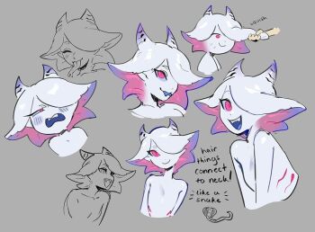 1girl 1other alien bare_shoulders blood blue_blood blue_tongue blush breasts cleavage closed_eyes colored_skin colored_tongue commentary completely_nude embarrassed english_commentary fangs fins flat_chest forked_tongue gills grey_background head_fins holding_another&#039;s_hair horns long_tongue looking_at_viewer monster_girl multicolored_skin nude one_eye_covered open_mouth original pepper_(zambiie) pink_eyes pink_skin purple_skin simple_background sketch slit_pupils smile smirk snake sweatdrop tongue tongue_out upper_body white_skin zambiie