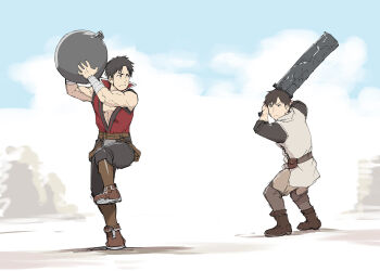 Rule 34 | 2boys, ball and chain restraint, bandaged arm, bandages, baseball, batting stance, black hair, boots, brown boots, closed mouth, crossover, highres, holding, holding sword, holding weapon, leg up, long sleeves, looking at another, male focus, mbs, multiple boys, muscular, muscular male, noor, ore wa subete wo parry suru, pectoral cleavage, pectorals, popped collar, red shirt, rick gladiatol, scar, scar on face, season connection, shinmai ossan bokensha, shirt, sleeveless, sword, ueyama michirou, weapon