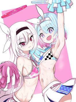 2girls :d absurdres alternate_costume arm_up armpits arona_(blue_archive) black_eyes black_hairband blue_archive blue_eyes blue_hair blue_halo blue_pupils blush bow_hairband braid breasts character_name cheering cheerleader closed_mouth colored_inner_hair commentary english_commentary eyes_visible_through_hair flat_chest from_side hair_between_eyes hair_ribbon hairband halo highres holding holding_pom_poms loli long_hair looking_at_viewer midriff millennium_cheerleader_outfit_(blue_archive) miniskirt mismatched_pupils multicolored_hair multiple_girls navel open_mouth pink_hair pink_halo pink_pupils plana_(blue_archive) pleated_skirt pom_pom_(cheerleading) pom_poms red_pupils ribbon shizaa_nyaana short_hair side_braid single_braid skirt small_breasts smile sports_bra stomach sweat two-tone_hair two-tone_sports_bra very_long_hair white_hair white_hairband white_ribbon white_skirt