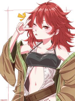 1girl armpit_crease artist_name bandeau bare_shoulders belt black_bandeau blush breasts brown_belt brown_robe collarbone commentary cowboy_shot duel_monster english_commentary hair_between_eyes hand_on_own_hip highres hiita_(yu-gi-oh!) hiita_the_fire_charmer hooded_robe long_hair long_sleeves looking_at_viewer medium_breasts navel notice_lines off_shoulder one_eye_closed open_clothes open_robe red_eyes red_hair robe shirt sidelocks sleeveless sleeveless_shirt smilingspectra solo standing stomach tongue tongue_out unbuttoned unbuttoned_shirt v v_over_eye watermark white_shirt yu-gi-oh!