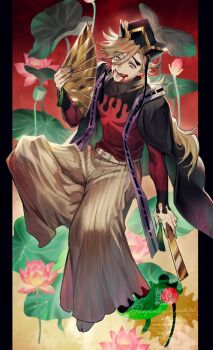 1boy belt black_hat blood blood_on_face commentary demon_boy douma_(kimetsu_no_yaiba) fangs fingernails flipped_hair floral_background forked_eyebrows full_body hair_between_eyes hand_fan hat holding holding_fan japanese_clothes kimetsu_no_yaiba long_hair long_sleeves looking_at_viewer m/g male_focus multicolored_eyes open_mouth red_shirt sharp_fingernails shirt solo text_in_eyes tight_clothes tight_shirt turtleneck two-tone_shirt watermark white_belt