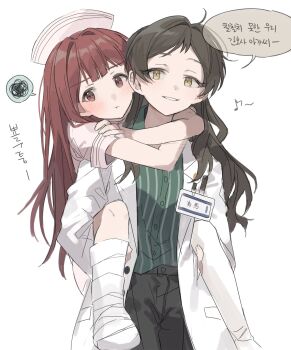Rule 34 | 2girls, bandaged foot, bandaged leg, bandages, blush, brown eyes, brown hair, carrying, closed mouth, coat, commentary request, cowboy shot, doctor, green shirt, grin, hano9789, hat, highres, idolmaster, idolmaster million live!, idolmaster million live! theater days, kitazawa shiho, korean commentary, korean text, lab coat, long hair, looking at viewer, multiple girls, name tag, nurse, nurse cap, official alternate costume, open clothes, open coat, piggyback, pout, red eyes, red hair, shirt, sideways glance, simple background, smile, speech bubble, standing, striped clothes, striped shirt, tanaka kotoha, translation request, vertical-striped clothes, vertical-striped shirt, white background, white coat, yuri