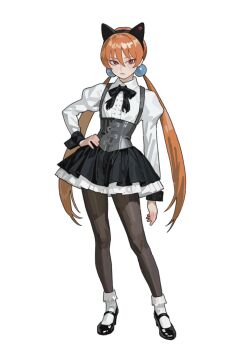 1girl alisa_southerncross animal_ears beads black_bow black_bowtie black_pantyhose black_shoes black_skirt bow bowtie collared_shirt contrapposto corset fake_animal_ears frilled_skirt frilled_socks frills full_body grey_corset h4sh1rnoto hair_beads hair_between_eyes hair_ornament hairband hand_on_own_hip high-waist_skirt highres juliet_sleeves keroro_gunsou long_hair long_sleeves looking_at_viewer mary_janes orange_hair pantyhose pleated_skirt puffy_sleeves red_eyes shirt shoes skirt socks solo sphere_hair_ornament standing tsurime twintails very_long_hair white_background white_shirt white_socks wrist_cuffs