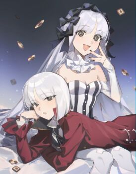 1boy 1girl black_bow black_eyes black_nails black_necktie bow breasts bright_pupils checkerboard_cookie citrusarjun cleavage coat commentary cookie detached_collar detached_sleeves dress dual_persona fate/strange_fake fate_(series) food francesca_prelati_(fate) francois_prelati_(fate) frills grey_eyes hair_bow highres jacket long_hair long_sleeves looking_at_viewer lying necktie on_side open_mouth pantyhose red_coat red_jacket shirt short_hair smile white_hair white_pupils white_shirt