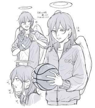 Rule 34 | 1boy, alternate costume, angel devil (chainsaw man), angel wings, ball, baseball (object), baseball glove, chainsaw man, commentary request, cropped torso, hair between eyes, halo, highres, long hair, male focus, partially unzipped, rigeshita, simple background, sweat, translation request, undershirt, white background, wings, zipper