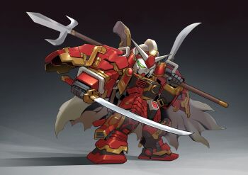 absurdres asymmetrical_dual_wielding cape chibi dual_wielding glowing glowing_eye gradient_background green_eyes gundam highres holding holding_polearm holding_sword holding_weapon katana lance mecha mobile_suit musha_gundam no_humans over_shoulder polearm robot science_fiction sd_gundam sd_sengokuden shadow solo standing sword v-fin weapon weapon_over_shoulder zakuma