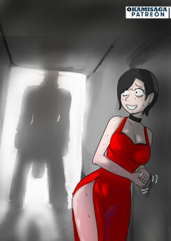 1boy 1girl ada_wong black_hair breasts cleavage dress hat highres large_breasts monster mr_x okamisaga resident_evil resident_evil_2 scared short_hair silhouette smile sweat tyrant_(resident_evil) you_gonna_get_raped