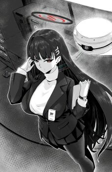 1girl akaimame blazer blue_archive breasts commentary_request drone greyscale hair_ornament hairclip halo holding holding_tablet_pc jacket large_breasts long_hair monochrome pantyhose pleated_skirt red_eyes rio_(blue_archive) skirt solo spot_color sweater tablet_pc turtleneck turtleneck_sweater watch wristwatch