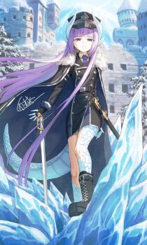 1girl artist_name black_cape black_dress black_gloves black_shoes boots breasts buttons cape closed_mouth collared_shirt commentary double-breasted dragon_girl dragon_tail dress fingerless_gloves frown full_body gloves hat highres horns ice kamo_ashi long_hair long_sleeves looking_at_viewer original outdoors peaked_cap planted planted_sword planted_weapon purple_eyes scabbard sheath shirt shoes short_dress small_breasts snow_on_tree solo standing sword tail very_long_hair weapon weapon_request white_horns white_scales white_tail wing_collar