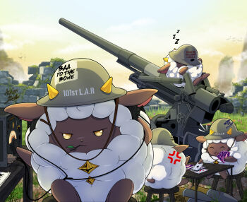 4others ace_(playing_card) anger_vein anti-aircraft anti-aircraft_gun artillery artist_name brodie_helmet card combat_helmet commentary day english_commentary english_text field_radio grass helmet lamball multiple_others outdoors pal_(creature) palworld playing_card pun shell signature zerberin1 zzz