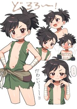 1girl absurdres brown_eyes brown_hair commentary_request dororo_(character) dororo_(tezuka) flat_chest funifuchan green_tunic grin hands_on_own_hips highres medium_hair navel ponytail sharp_teeth simple_background smile teeth tunic white_background
