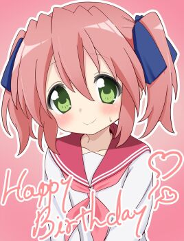 1girl birthday blush closed_mouth collarbone dot_nose english_text feet_out_of_frame female_focus green_eyes hair_between_eyes hair_ribbon happy_birthday heart kobayakawa_yutaka long_hair long_sleeves lucky_star medium_hair meisoochuu pink_background pink_hair ribbon ryouou_school_uniform sailor_collar school_uniform serafuku simple_background smile solo standing sweatdrop