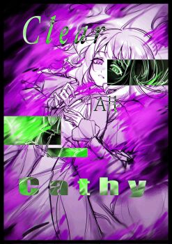 1girl ascot catherine_(project_moon) dress frilled_sleeves frills gloves hands_up highres juliet_sleeves limbus_company long_hair long_sleeves looking_at_viewer lying monochrome negative on_back open_mouth project_moon puffy_sleeves purple_theme solo suillus