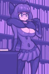 Rule 34 | 1girl, black gloves, black pantyhose, blunt bangs, bob cut, book, bookshelf, bow, breasts, bright pupils, cleavage, commentary, creatures (company), elbow gloves, english commentary, game freak, glasses, gloves, highres, holding, holding pen, large bow, large breasts, low-cut, nintendo, pantyhose, pen, pokemon, purpienamako, purple eyes, purple hair, purple skirt, purple theme, round eyewear, shauntal (pokemon), short hair, skirt, solo, table, white pupils