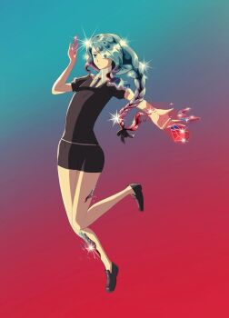 Rule 34 | 1other, alexandrite (gemstone), alternate species, bare legs, bilingual commentary, black boots, black necktie, black ribbon, black shirt, black shorts, blue background, blue eyes, blue hair, boots, braid, braided ponytail, closed mouth, collared shirt, colored tips, commentary, cracked skin, damaged, english commentary, floating, forehead jewel, full body, gem uniform (houseki no kuni), genderswap (fto), gradient background, hair ribbon, hands up, high collar, highres, houseki no kuni, layered shirt, light smile, loafers, long hair, looking at viewer, mixed-language commentary, multicolored hair, necktie, parted bangs, red background, red hair, ribbon, russian commentary, shirt, shoes, short shorts, short sleeves, shorts, solo, sparkle, tate no yuusha no nariagari, therese alexanderite, white shirt, yandi