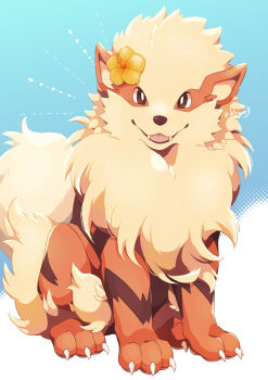 Rule 34 | animal focus, arcanine, black eyes, claws, fangs, flower, gen 1 pokemon, highres, kechon-san, looking at viewer, nintendo, no humans, pokemon, pokemon (creature), sitting, smile, solo
