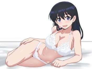 :d arato_nagi bare_arms bed_sheet black_hair blush bra breasts cleavage collarbone commentary_request earrings ehou_mangan hair_between_eyes highres jewelry large_breasts long_hair looking_at_viewer lying navel open_mouth panties purple_eyes ruri_no_houseki seductive_smile simple_background smile stud_earrings thighs underwear underwear_only white_background white_bra white_panties