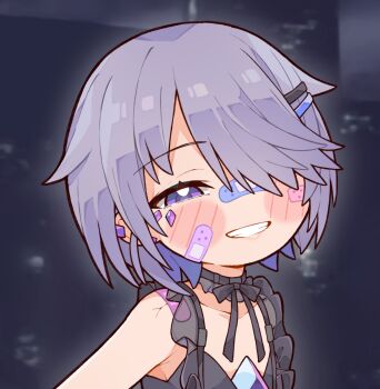 1girl bandaid bandaid_on_face bandaid_on_nose black_shirt blush_stickers chest_jewel closed_mouth commentary english_commentary grey_hair hair_ornament hair_over_one_eye hairpin highres hololive hololive_english jewel_under_eye koseki_bijou koseki_bijou_(casual) kukie-nyan looking_at_viewer official_alternate_costume official_alternate_hairstyle purple_eyes shirt short_hair smile solo virtual_youtuber