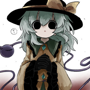 1girl black_eyes black_gloves black_hat blouse buttons collared_shirt diamond_button eyeball frilled_shirt_collar frilled_sleeves frills gloves green_hair hat hat_ribbon heripantomorrow komeiji_koishi own_hands_clasped own_hands_together ribbon shirt solo speech_bubble third_eye touhou yellow_ribbon yellow_shirt