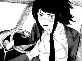 Rule 34 | 1girl, 1other, blush, bra, breasts, car interior, chainsaw man, collared shirt, commentary request, fujimoto tatsuki (style), grabbing another's breast, greyscale, groping, highres, jacket, looking at viewer, monochrome, nanami toga, necktie, open clothes, open mouth, open shirt, scar, scar on face, shirt, small breasts, steering wheel, suit jacket, teeth, tendou michiko, underwear, window