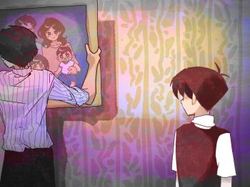 2boys antenna_hair arms_up beard_stubble black_hair black_pants black_sweater_vest collared_shirt commentary_request facial_hair family_portrait father_and_son highres holding_painting indoors korean_commentary looking_at_another male_focus mari_(faraway)_(omori) mari_(omori) multiple_boys omori painting_(object) pants pyoppyop_omori shirt short_hair short_sleeves striped_clothes striped_shirt stubble sunny&#039;s_dad_(omori) sunny&#039;s_mom_(omori) sunny_(omori) sweater_vest vertical-striped_clothes vertical-striped_shirt white_shirt