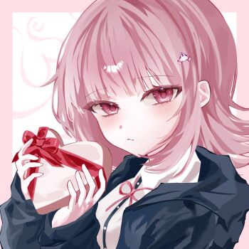 Rule 34 | 1girl, black jacket, box, collared shirt, commentary request, danganronpa (series), danganronpa 2: goodbye despair, dress shirt, flipped hair, frown, hai zhi, hair ornament, heart-shaped box, highres, holding, holding box, hood, hood down, hooded jacket, jacket, medium hair, nanami chiaki, pink background, pink eyes, pink hair, shirt, solo, white background, white shirt