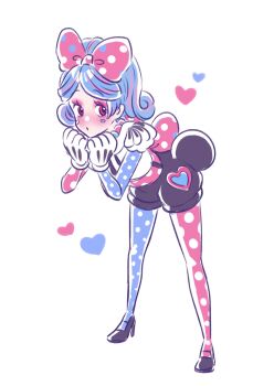 1girl absurdres aoiyuuna_811 asymmetrical_legwear black_shoes blue_hair blue_pantyhose bow commentary_request disneyland dress full_body gloves hair_bow hands_up heart high_heels highres humanization leaning_forward looking_at_viewer makeup mickey_mouse_&amp;_friends minnie_mouse mismatched_legwear multicolored_hair pantyhose pink_bow pink_hair pink_pantyhose polka_dot polka_dot_bow polka_dot_pantyhose shoes short_hair smile solo two-tone_hair white_gloves