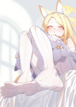 1girl :o animal_ear_fluff animal_ears bare_shoulders blonde_hair blue_archive blush bow collared_dress cross_halo detached_sleeves dress ear_wreath extra_ears feet flower foot_focus forehead fox_ears fox_girl frilled_sleeves frills from_behind from_below gradient_eyes hair_flower hair_ornament halo hashtag-only_commentary heoningu highres hugging_own_legs knees_up legs loli long_hair long_sleeves looking_at_viewer multicolored_eyes no_shoes open_mouth parted_bangs parted_lips pinstripe_pantyhose seia_(blue_archive) sitting sleeve_bow sleeves_past_fingers sleeves_past_wrists soles solo striped_pantyhose toes vertical-striped_clothes vertical-striped_pantyhose very_long_hair white_bow yellow_bow yellow_eyes yellow_halo