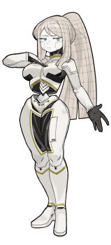 Rule 34 | 1girl, absurdres, aqua eyes, black gloves, breasts, cable hair, closed mouth, commentary, eyelashes, faust (project moon), full body, gloves, grey hair, hand on own chest, high ponytail, highres, large breasts, limbus company, looking at viewer, mechanical spine, ponytail, project moon, ring (identity) (project moon), robot girl, rtgg, simple background, solo, standing, white background